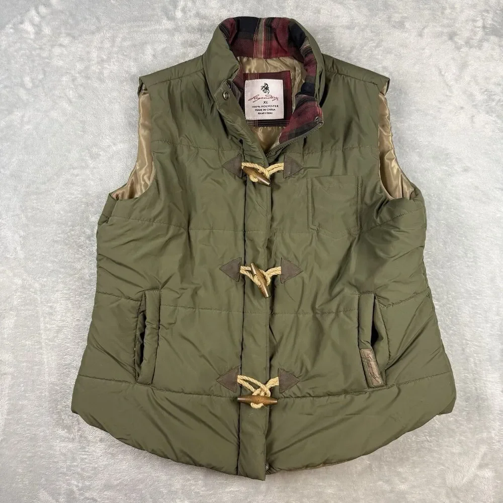 Legendary Olive Puffer Vest XL Toggle Button Plaid Lined Outdoor Hunting